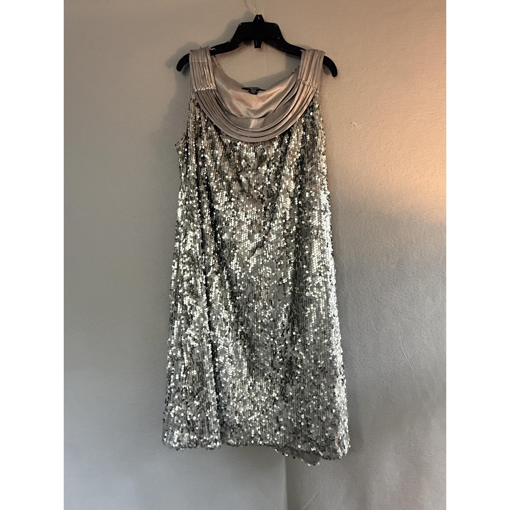 R&M‎ Richards Woman Dress Womens 14W Silver Sequin Scoop Neck Party Cocktail